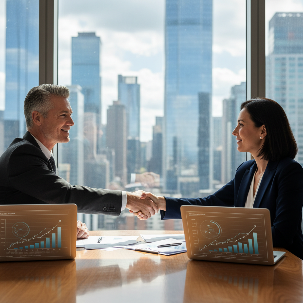 A photorealistic image of two professional adults in a modern office setting, shaking hands across a conference table to symbolize a successful consulting agreement, with subtle business charts and laptops in the background, conveying trust and partnership without showing any legal documents.