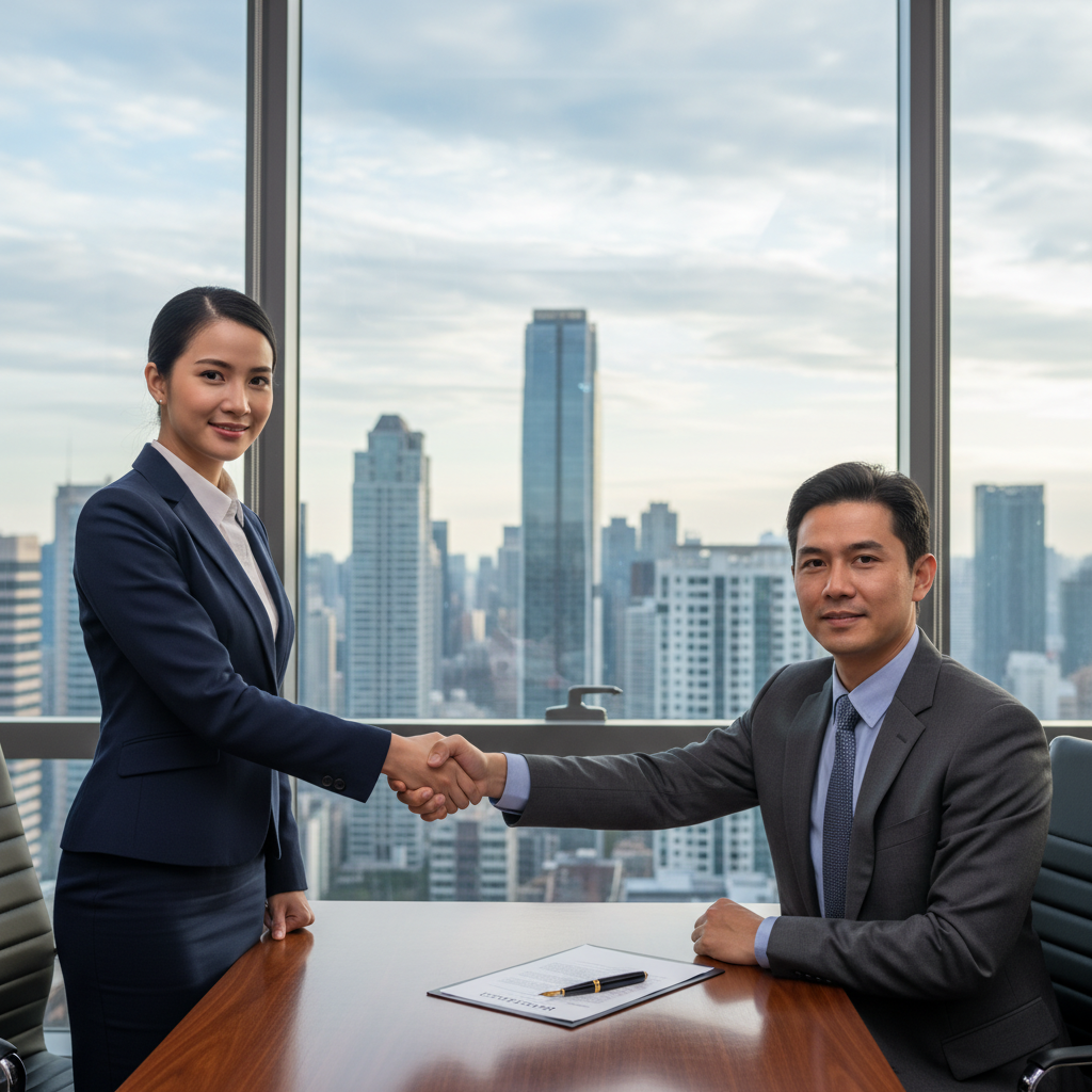 A professional business meeting between two adults, one a service provider and the other a client, shaking hands across a desk in a modern office, symbolizing a service contract agreement, photorealistic style.
