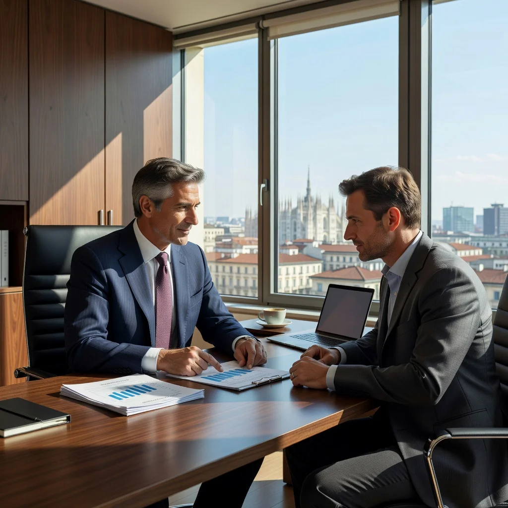 A photorealistic image of a professional consultant in a modern Italian office setting, engaged in a discussion with a business client, symbolizing advisory services and expertise in Italy, with subtle Italian elements like a flag or architecture in the background, no children present.