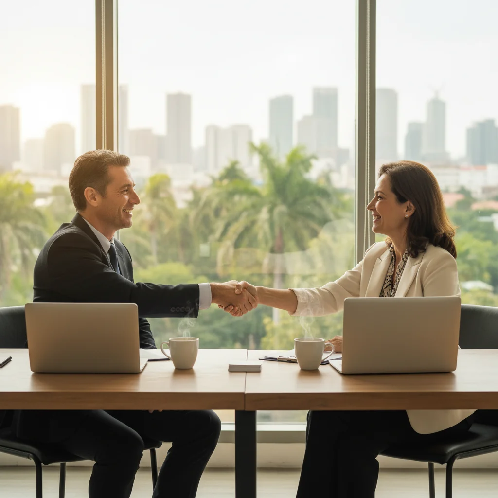 A photorealistic image of two professional adults in a modern Philippine office setting, shaking hands across a desk during a business consultation meeting, symbolizing the formation of a consultancy agreement, with subtle Philippine elements like a flag or cityscape in the background, conveying trust and partnership without focusing on legal documents.