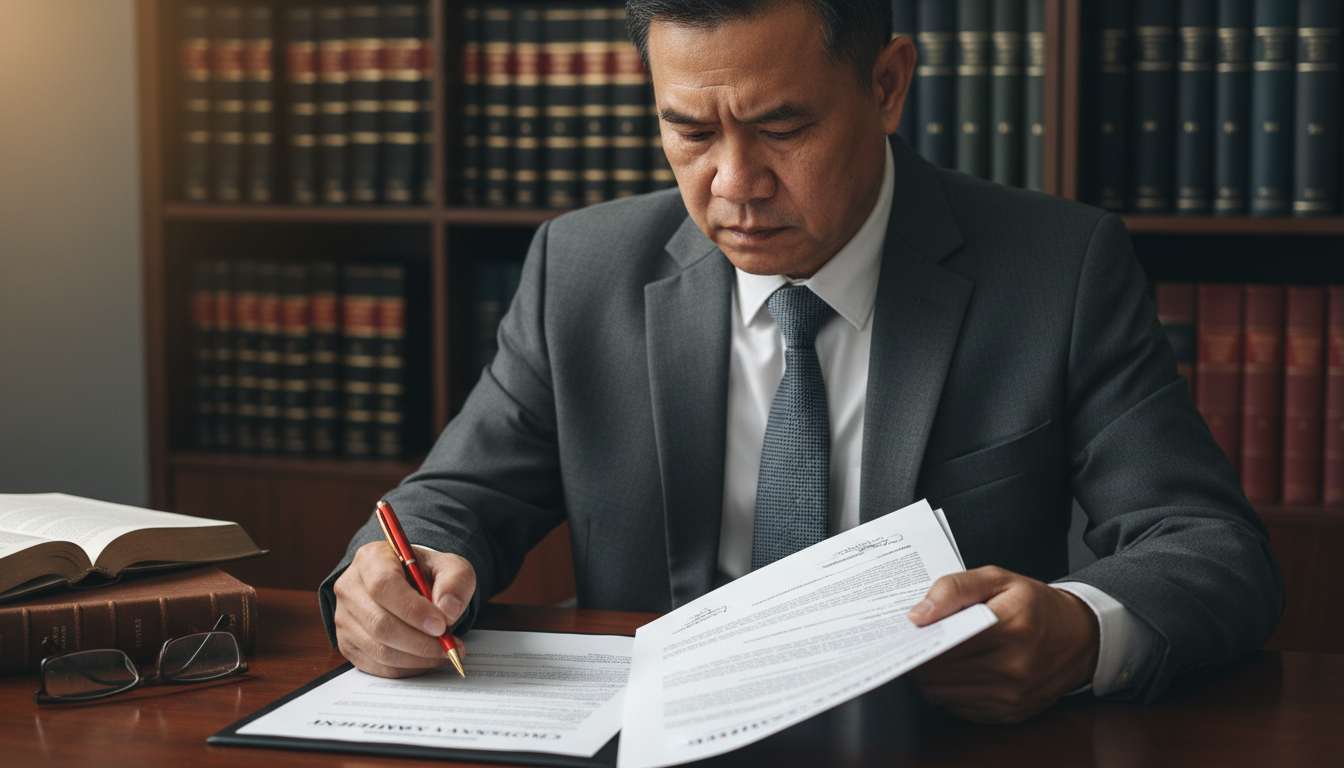 Lawyer reviewing contract clauses