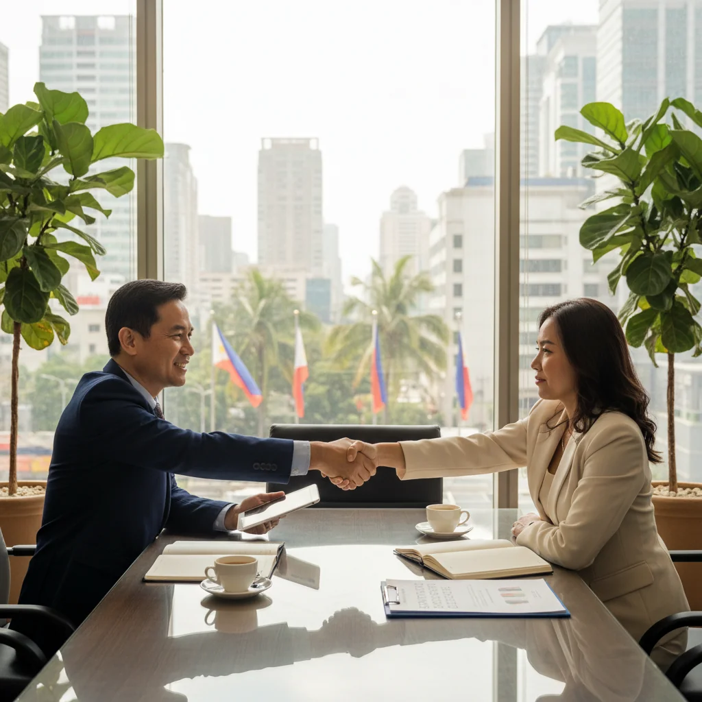 A photorealistic image of two professional adults, a consultant and a business executive, shaking hands in a modern Philippine office setting with subtle local elements like a window view of Manila skyline, symbolizing the agreement and trust in consultancy contracts. The image conveys professionalism, partnership, and legal compliance without showing any documents.