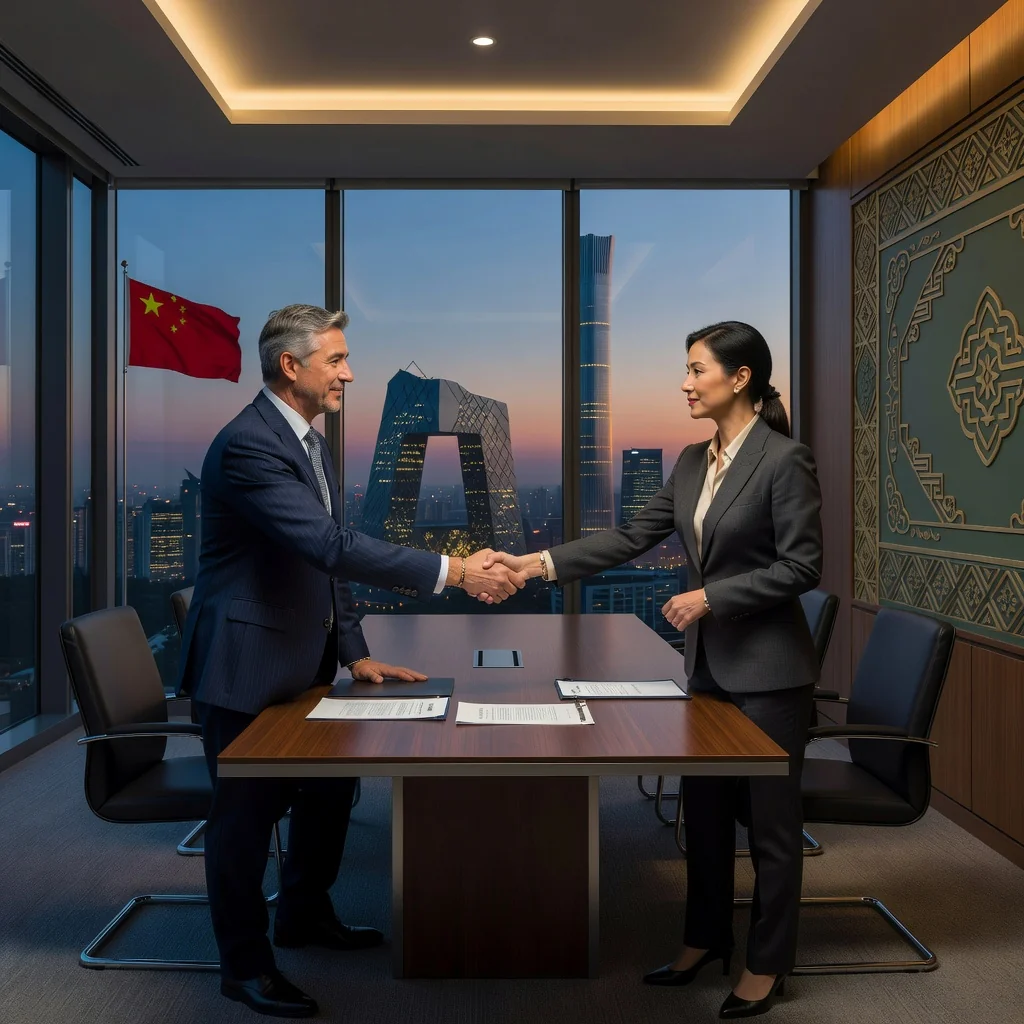 A photorealistic image of two professional business consultants in a modern Chinese office setting, shaking hands over a conference table with subtle Chinese cultural elements like a Beijing skyline view in the background, symbolizing trust, compliance, and legal advisory services in consulting agreements. No children or any individuals under 18 are present.