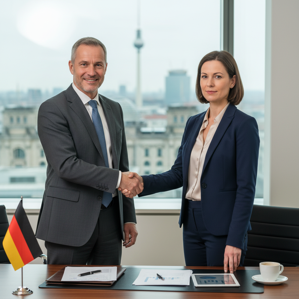 A professional business meeting between a financial advisor and a client in a modern office, discussing important terms with a sense of trust and agreement, symbolizing key clauses in a consulting contract under German law.