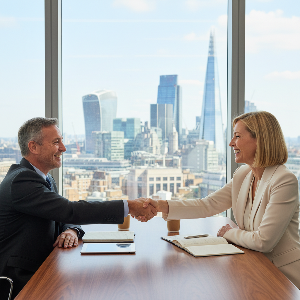 A photorealistic image of two professional adults in a modern UK office setting, shaking hands over a desk during a business consultation meeting, symbolizing a successful consultancy agreement without any mistakes. The scene conveys trust, professionalism, and collaboration, with elements like a Union Jack flag subtly in the background to indicate UK context. No children or legal documents are visible.