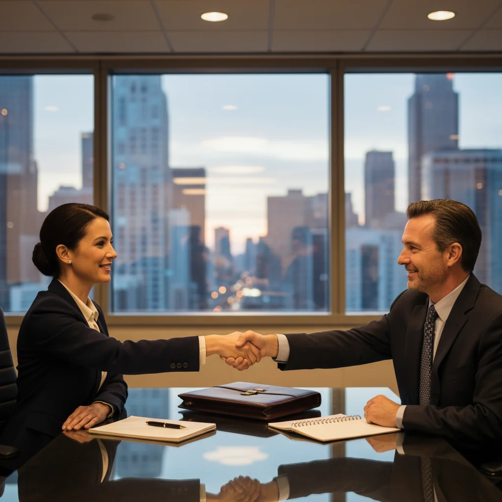 A photorealistic image of two professional business consultants in a modern office, shaking hands across a conference table to symbolize a successful consulting agreement, with subtle legal elements like a briefcase and notepads in the background, conveying trust and partnership without showing any documents.