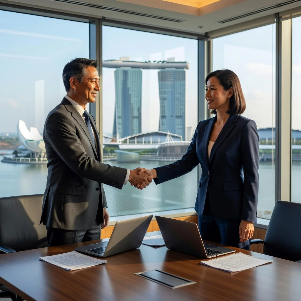 A photorealistic image of two professional adults in a modern Singapore office, shaking hands over a conference table with city skyline view, symbolizing a successful consultancy agreement, no legal documents visible.