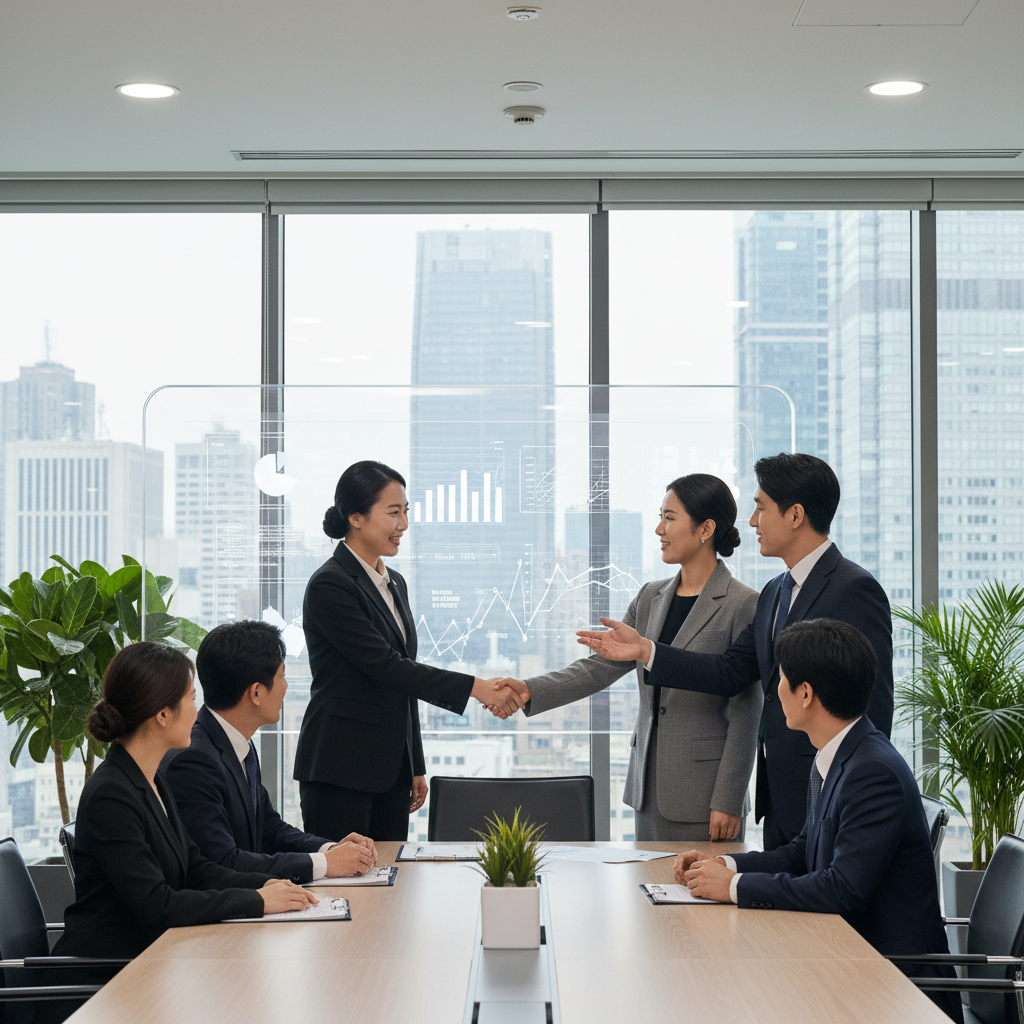 A professional business meeting in a modern Korean office, with consultants in suits discussing strategies around a conference table, symbolizing the collaborative and advisory nature of consulting contracts.