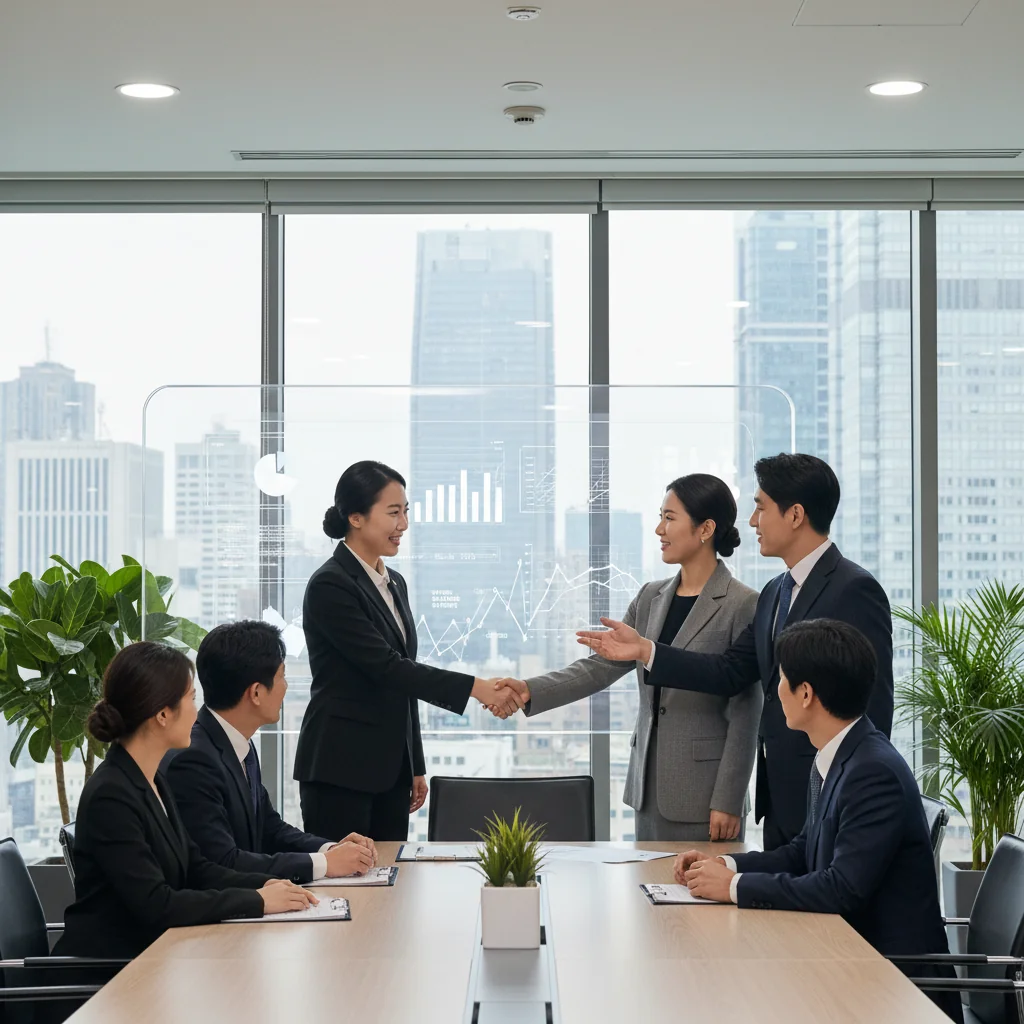 A professional business meeting in a modern Korean office, with consultants in suits discussing strategies around a conference table, symbolizing the collaborative and advisory nature of consulting contracts.