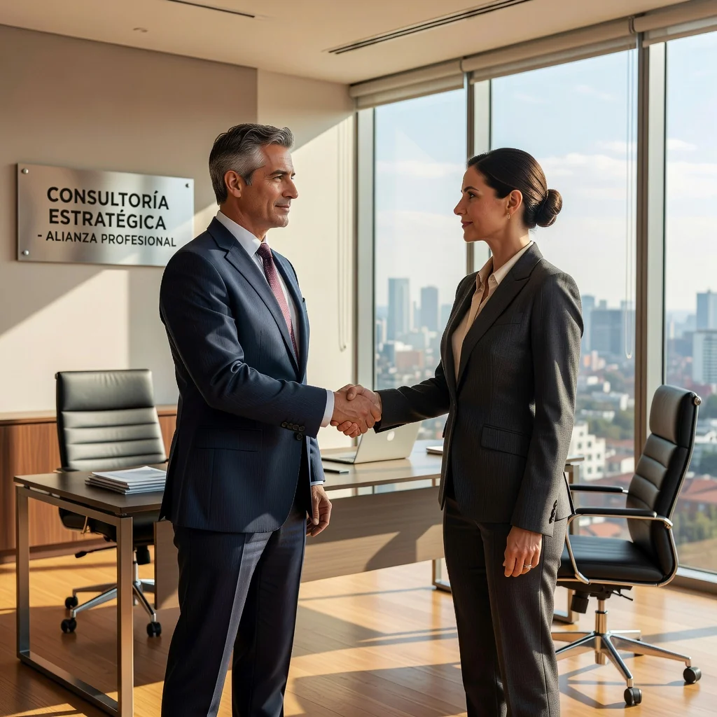 A photorealistic image of a professional consultant in a modern Mexican office setting, shaking hands with a business executive across a desk, symbolizing a successful consulting agreement without any legal documents visible. The scene conveys trust, collaboration, and expertise in a corporate environment in Mexico, with subtle cultural elements like a Mexican flag or local decor in the background. No children are present in the image.