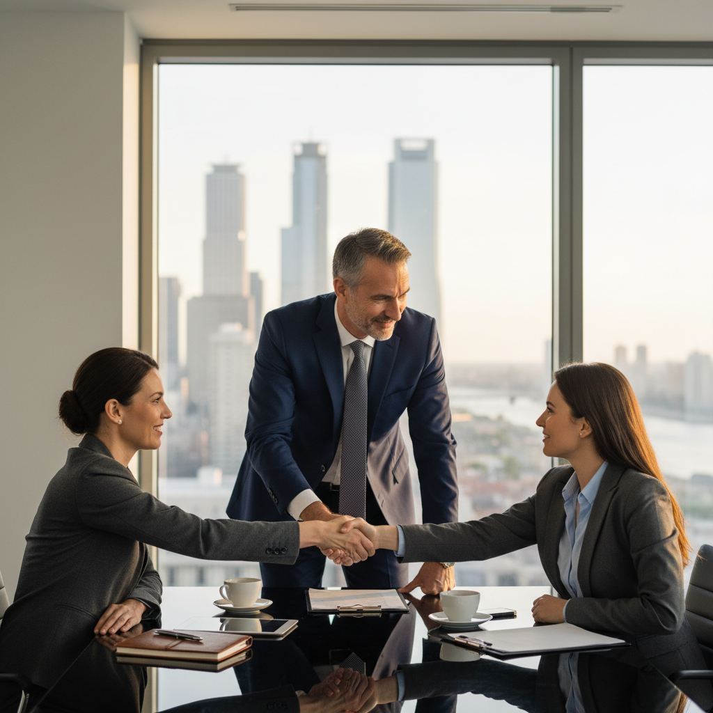A professional consultant in a modern office setting, shaking hands with a business executive across a conference table, symbolizing a successful consulting agreement. The scene conveys trust, collaboration, and expertise in business consulting, with natural lighting and realistic details.