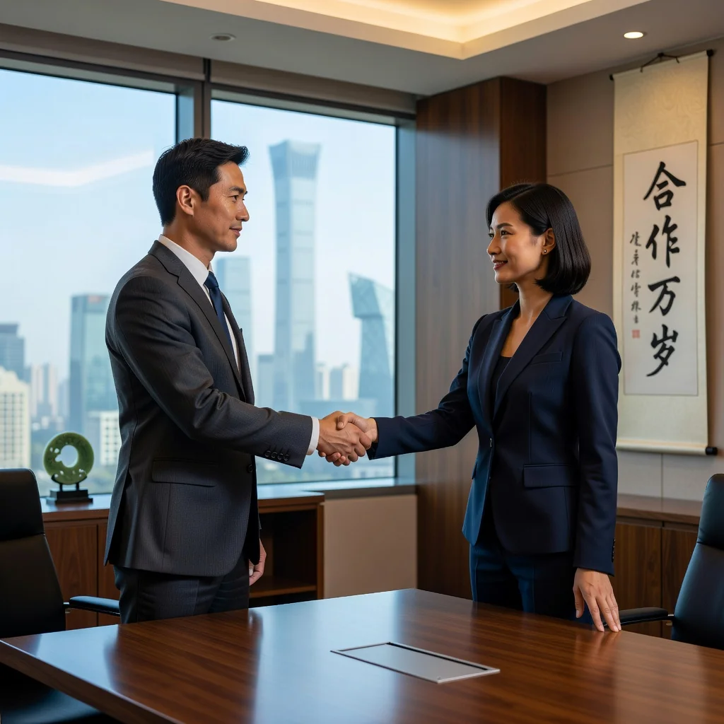 A professional scene representing the signing of a consulting services agreement in China, featuring two adult business professionals in a modern conference room in Beijing, shaking hands over a table with subtle Chinese cultural elements like a city skyline view, symbolizing partnership and agreement without showing any documents.