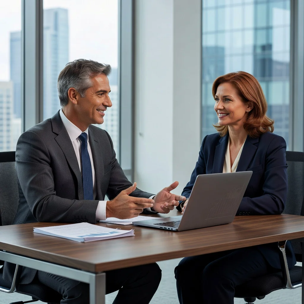 A professional consultant in a modern office environment, shaking hands with a business client across a desk, symbolizing a consultation agreement and trust in professional services.