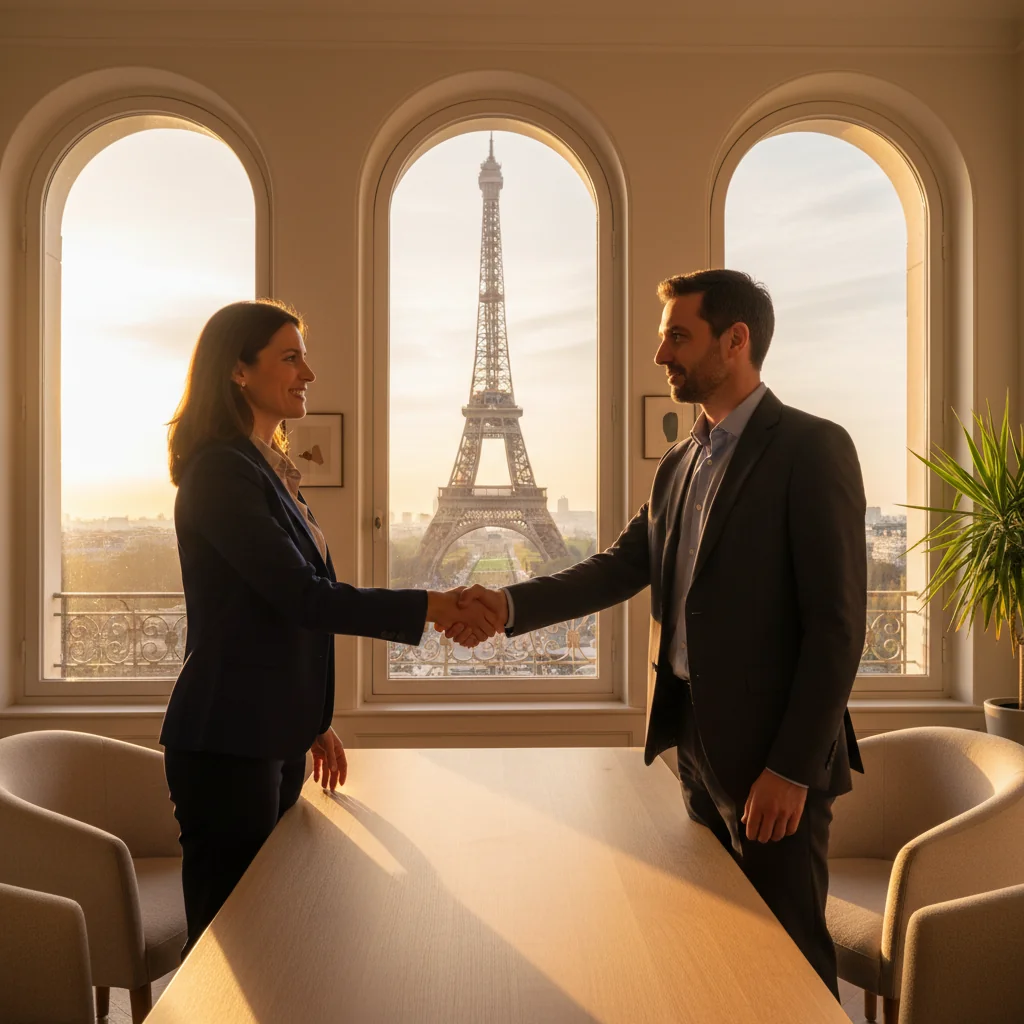 A professional business meeting between two adults in a modern French office, symbolizing a service provision agreement, with one person presenting services to the other, evoking trust and collaboration in a French professional context.