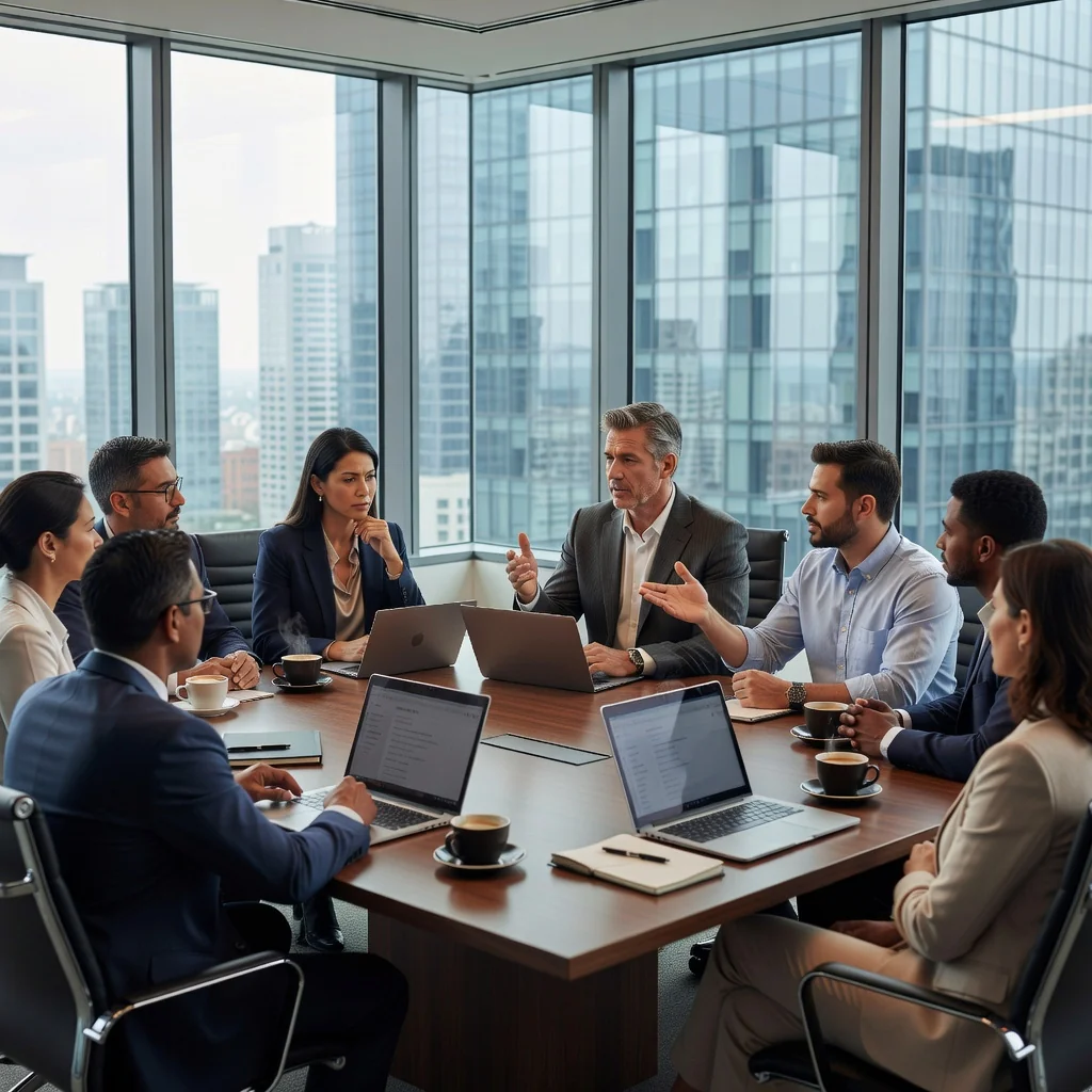 A professional consultation scene in a modern office, showing a diverse group of adults engaged in a business discussion around a conference table, symbolizing advisory services and agreement without focusing on any documents.