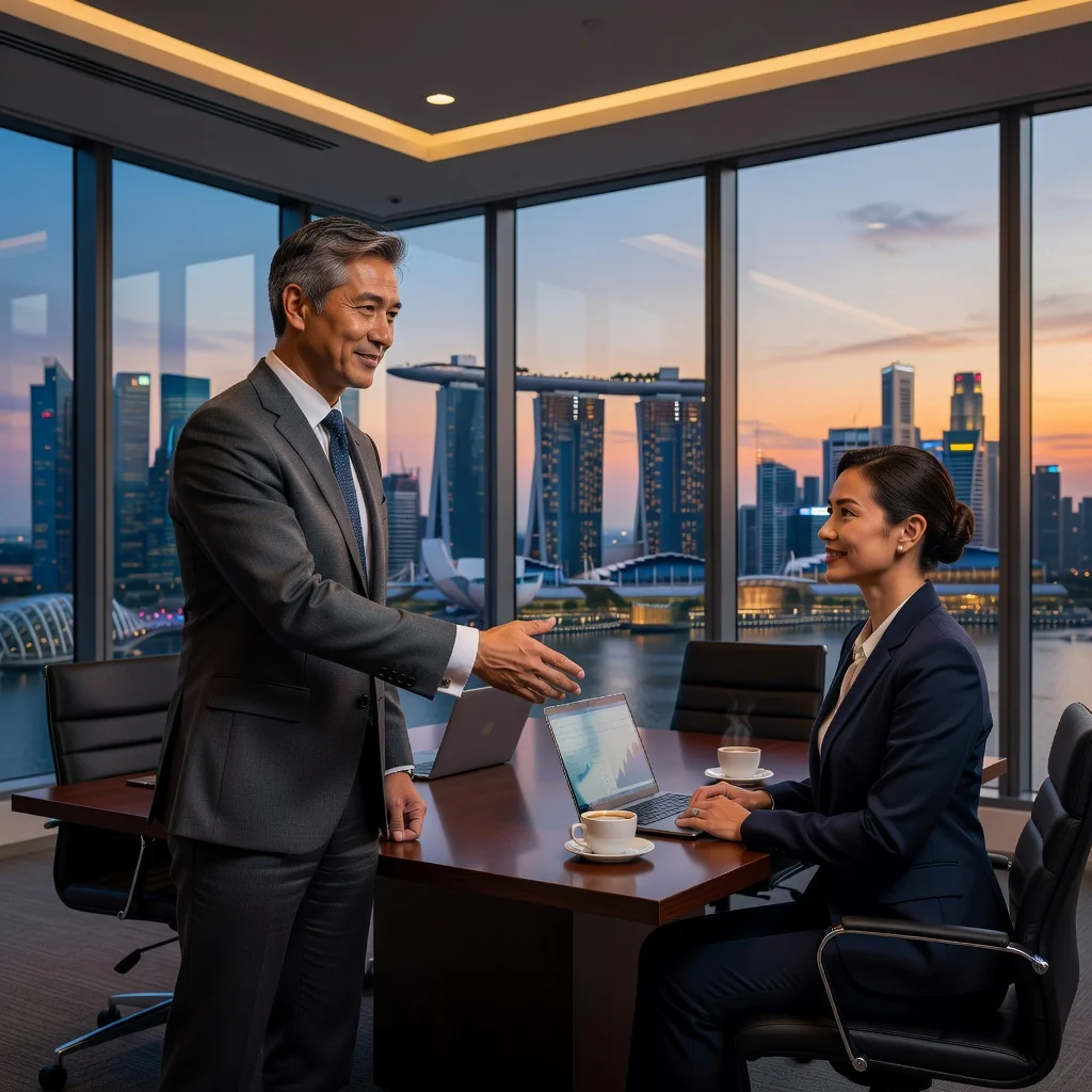 A photorealistic image of a professional consultant in a modern Singapore office, shaking hands with a business executive across a conference table, symbolizing the formation of a consultancy agreement, with Singapore skyline visible through large windows in the background, conveying trust and partnership in a business context.