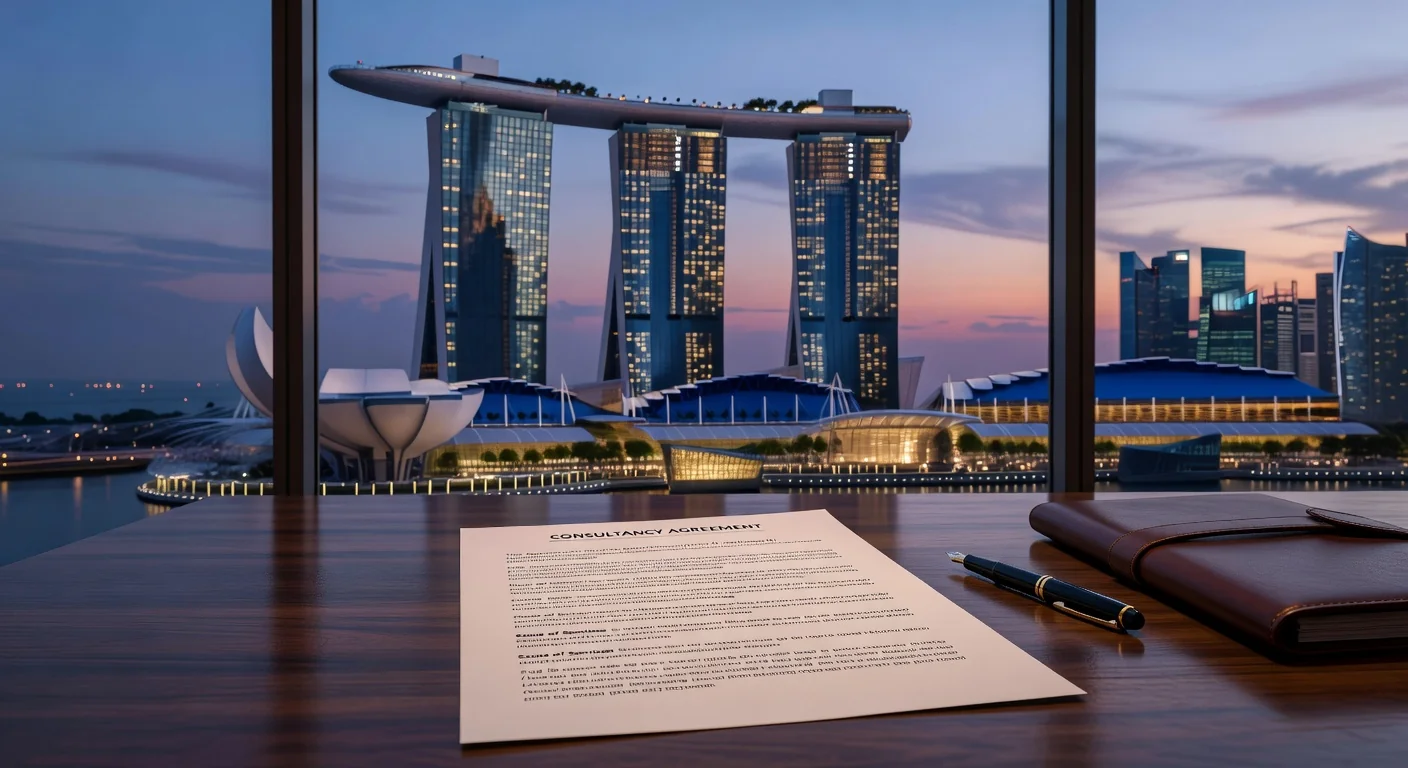 Singapore skyline with legal documents