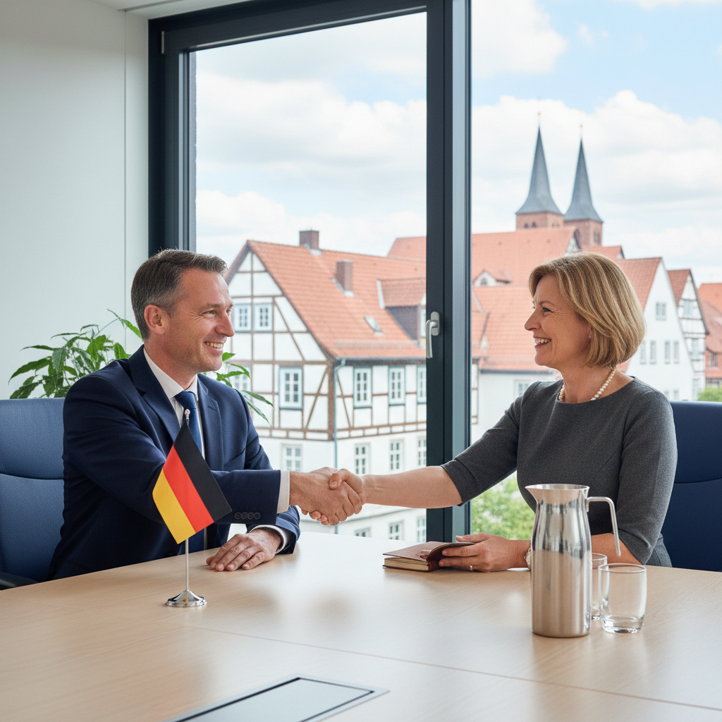 A professional consultation scene in a modern German office, featuring an adult advisor and client shaking hands over a desk, symbolizing trust and agreement in advisory services, with subtle German elements like a flag or architecture in the background, photorealistic style.