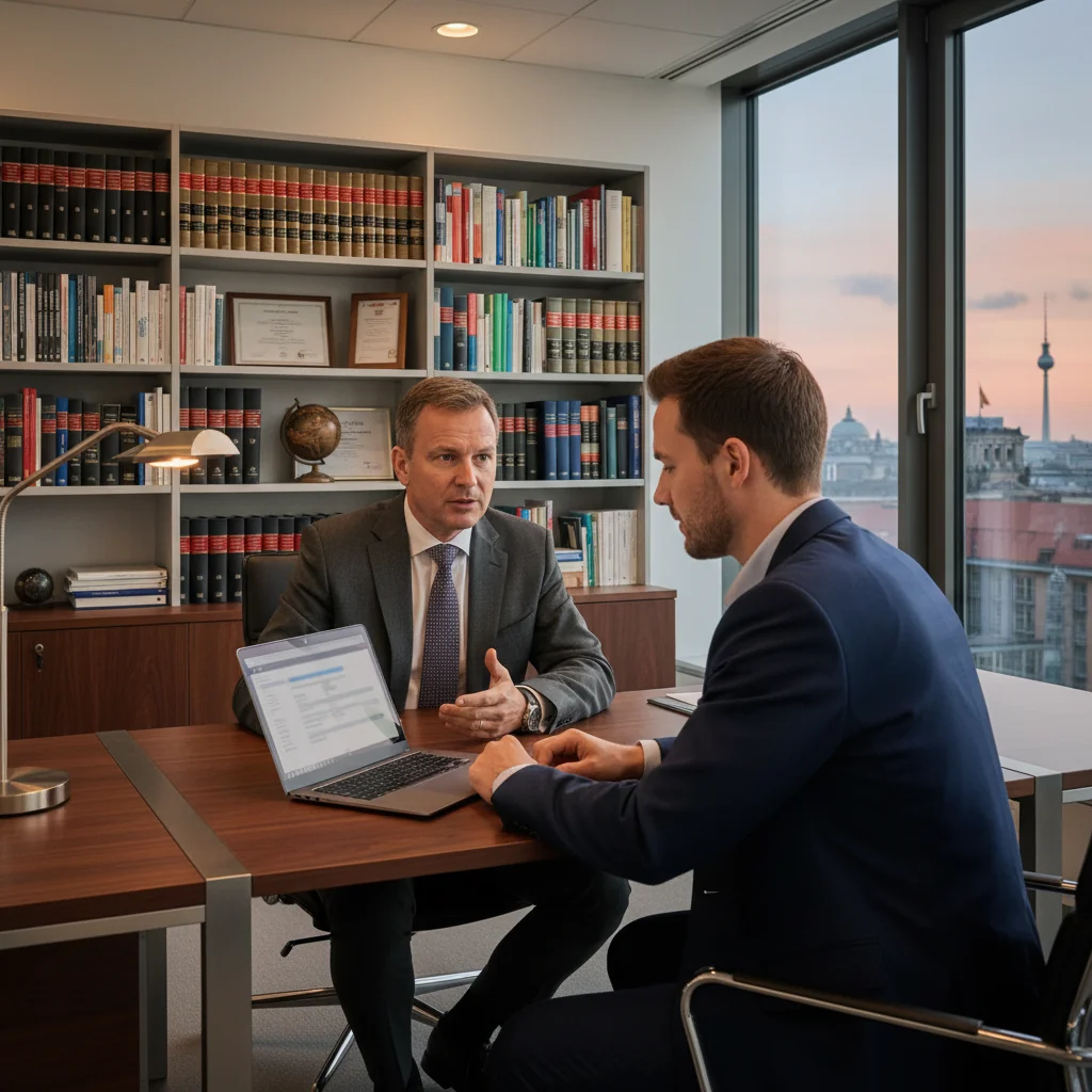 A professional consultation scene in a modern German office, showing an adult business consultant and a client shaking hands across a desk, with subtle German flags or architecture in the background to evoke trust and legal advisory services, photorealistic style, no children present.