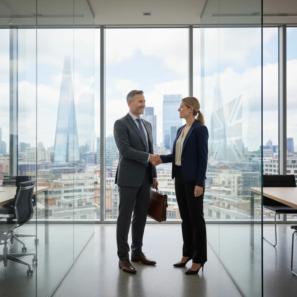 A professional consultant in a modern UK office, shaking hands with a business executive across a desk, symbolizing the agreement and partnership in consultancy services. The scene is set in a contemporary London office with subtle British elements like a Union Jack flag in the background, conveying trust and collaboration without focusing on documents.