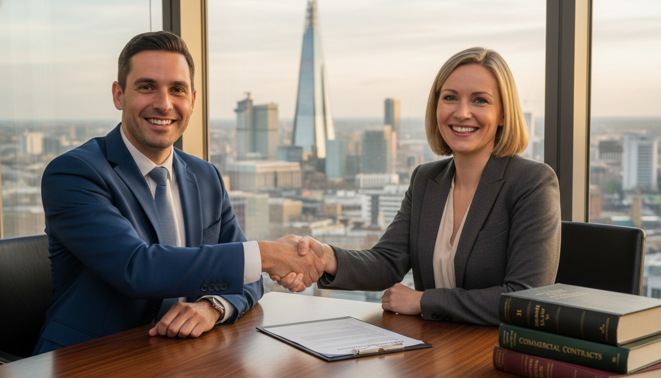Handshake sealing consultancy deal in office