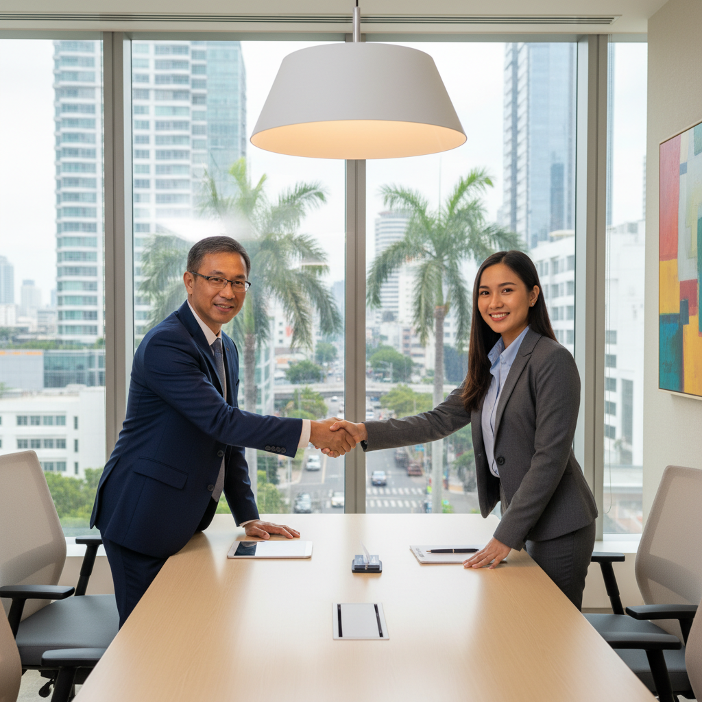 A professional consultant in a modern Philippine office, shaking hands with a business executive across a conference table, symbolizing a consultancy agreement. The scene includes subtle Philippine elements like a flag or tropical plants in the background, conveying trust and partnership in a business context.
