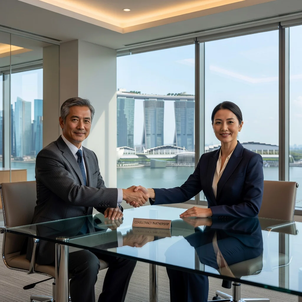 A photorealistic image of two professional adults in a modern Singapore office, shaking hands over a conference table with city skyline view, symbolizing a successful business consultancy agreement.