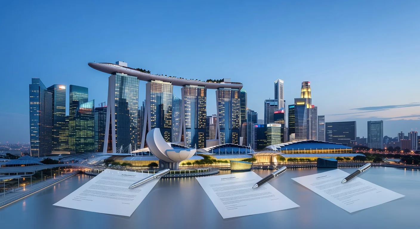 Singapore skyline with legal symbols