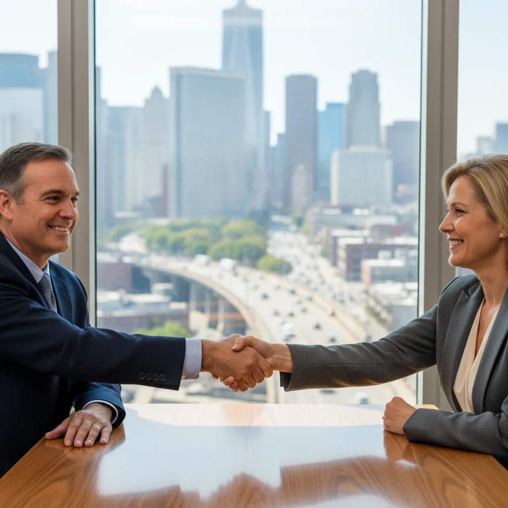 A photorealistic image of two professional adults in a modern business office, shaking hands across a conference table to symbolize a successful consulting agreement, with city skyline visible through large windows in the background, conveying trust, partnership, and professional collaboration in the United States business context.
