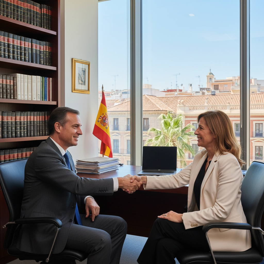 A photorealistic image of a professional legal consultant in a modern Spanish office, shaking hands with a client across a desk, symbolizing the agreement and consultation process for legal services in Spain. The scene conveys trust, expertise, and professionalism, with subtle Spanish elements like a flag or architecture in the background.