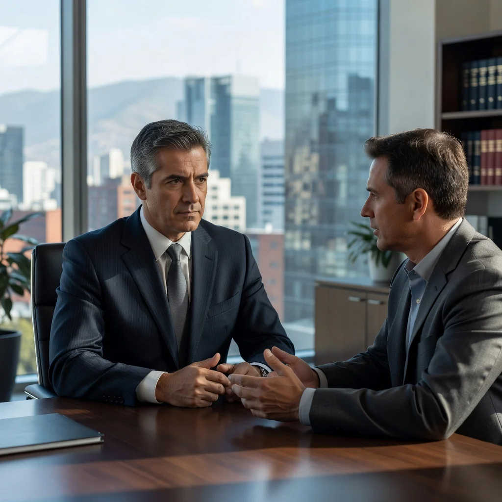 A professional scene representing legal consulting services in Mexico, featuring a Mexican lawyer in a modern office discussing with a business client over a table, with subtle Mexican cultural elements like a flag or cityscape in the background, conveying trust and expertise without showing any documents.