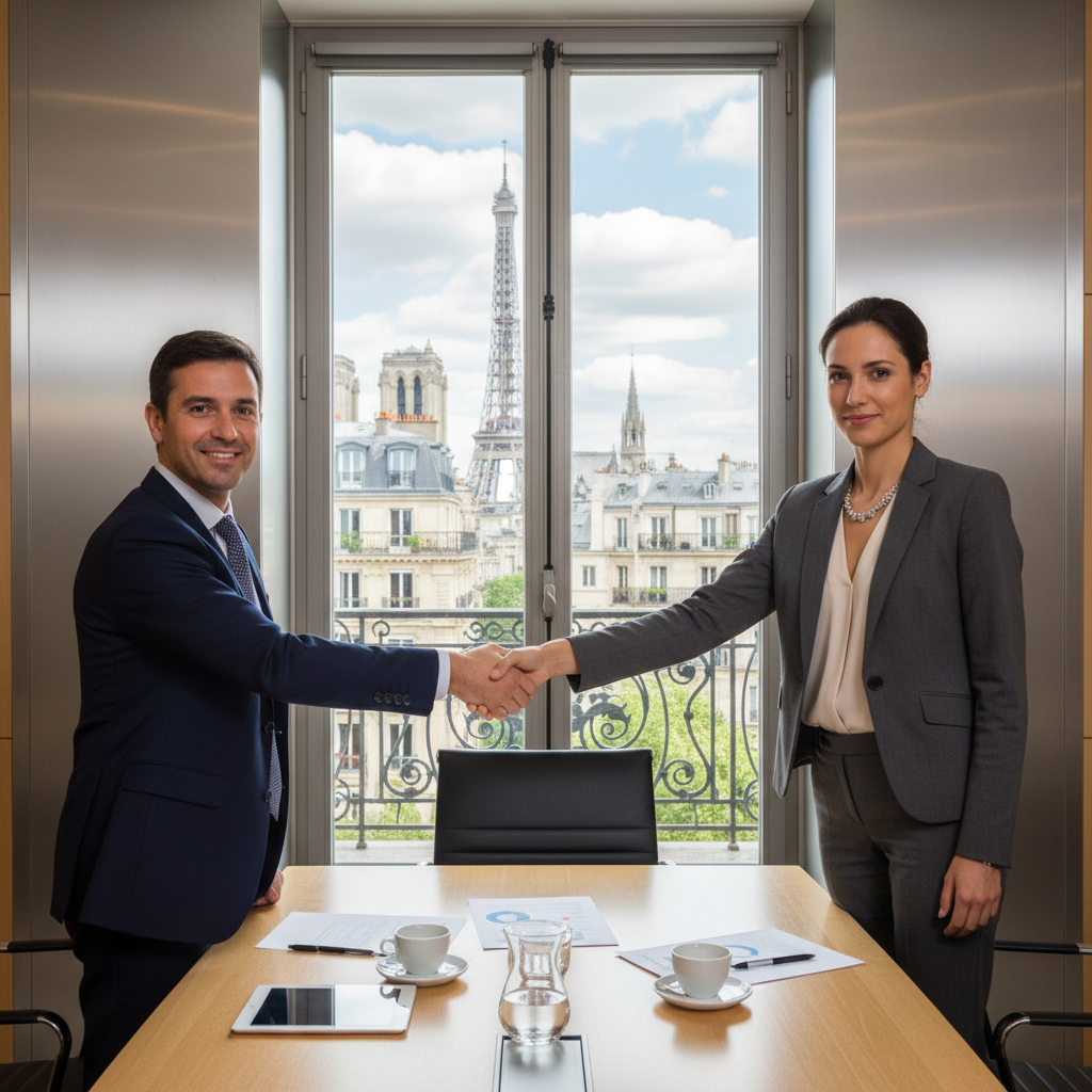 A professional business meeting in a modern French office, with two adults shaking hands over a table, symbolizing a service provision agreement. The scene includes subtle French elements like a window view of the Eiffel Tower in the distance, conveying trust and partnership in a professional context.