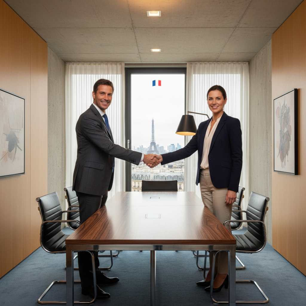 A professional meeting in a modern French office where a business consultant and a client are shaking hands over a service agreement, symbolizing the contrat de prestation de services, with French cultural elements like a window view of the Eiffel Tower in the background, photorealistic style.