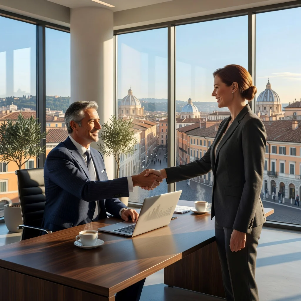 A photorealistic image of a professional consultant in a modern Italian office setting, shaking hands with a client across a desk, symbolizing the agreement in a consulting contract, with subtle Italian elements like a flag or architecture in the background, conveying trust and business partnership.