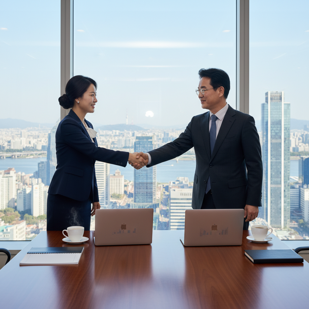 A photorealistic image of two professional adults in a modern South Korean office, shaking hands over a conference table during a business meeting, symbolizing the signing of a consulting agreement. The scene includes elements like a city skyline view from the window, laptops, and coffee cups, conveying trust and partnership in a consulting context.