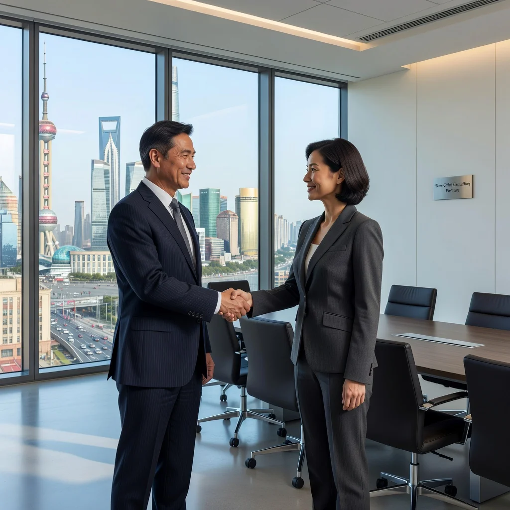 A professional business meeting in a modern Chinese office, where two adults are shaking hands across a conference table, symbolizing agreement and consultation services, with subtle Chinese cultural elements like a city skyline view, photorealistic style.