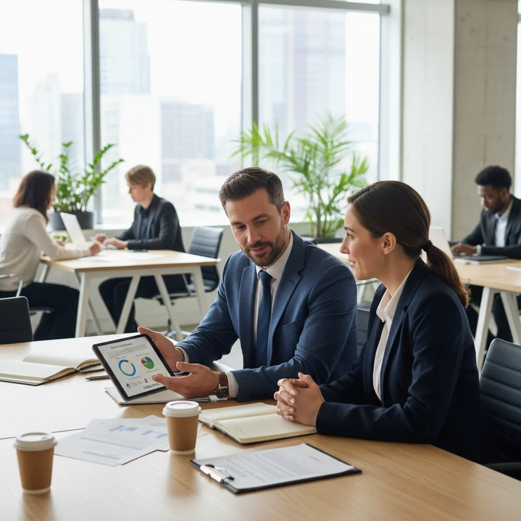 A photorealistic image depicting a professional business meeting between two adults, symbolizing a service agreement in a modern office setting, with handshakes and discussions over documents, no children present.