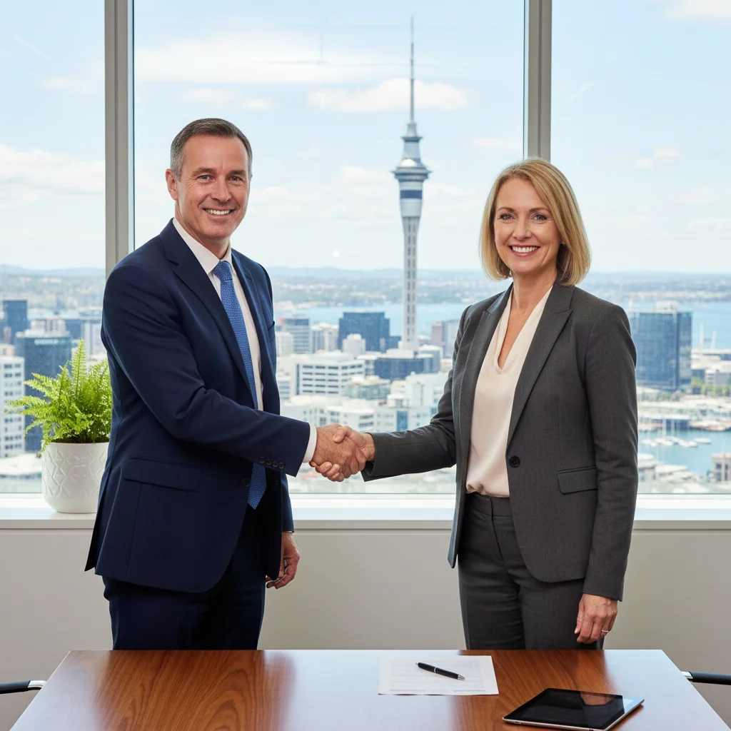 A photorealistic image of two professional adults, one a service provider and the other a client, shaking hands in a modern New Zealand office setting with subtle Kiwi elements like a fern plant in the background, symbolizing a business service agreement without showing any documents.