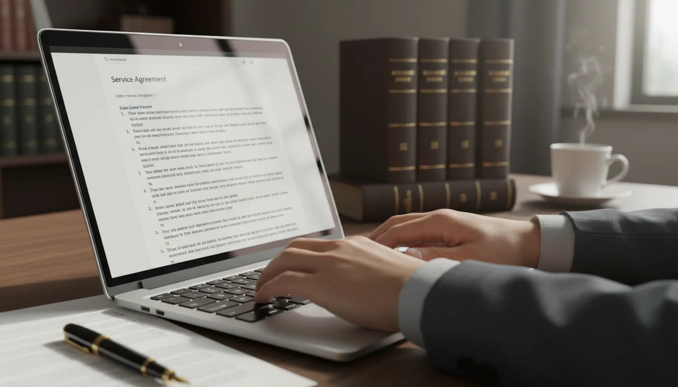 Drafting contract on laptop