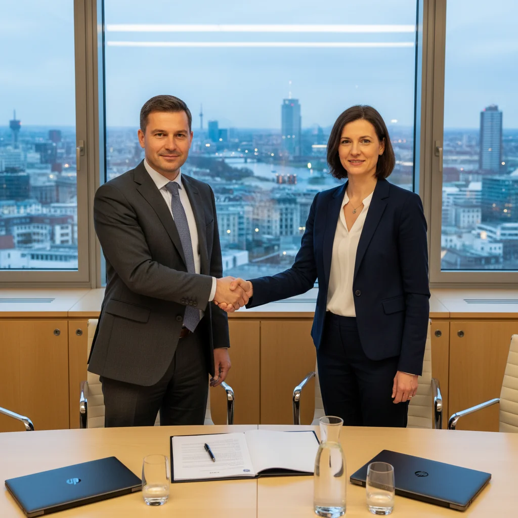 A professional business meeting between a service provider and a client in a modern office, discussing terms over a table with coffee cups, symbolizing trust and agreement in a service contract under German law, photorealistic style.