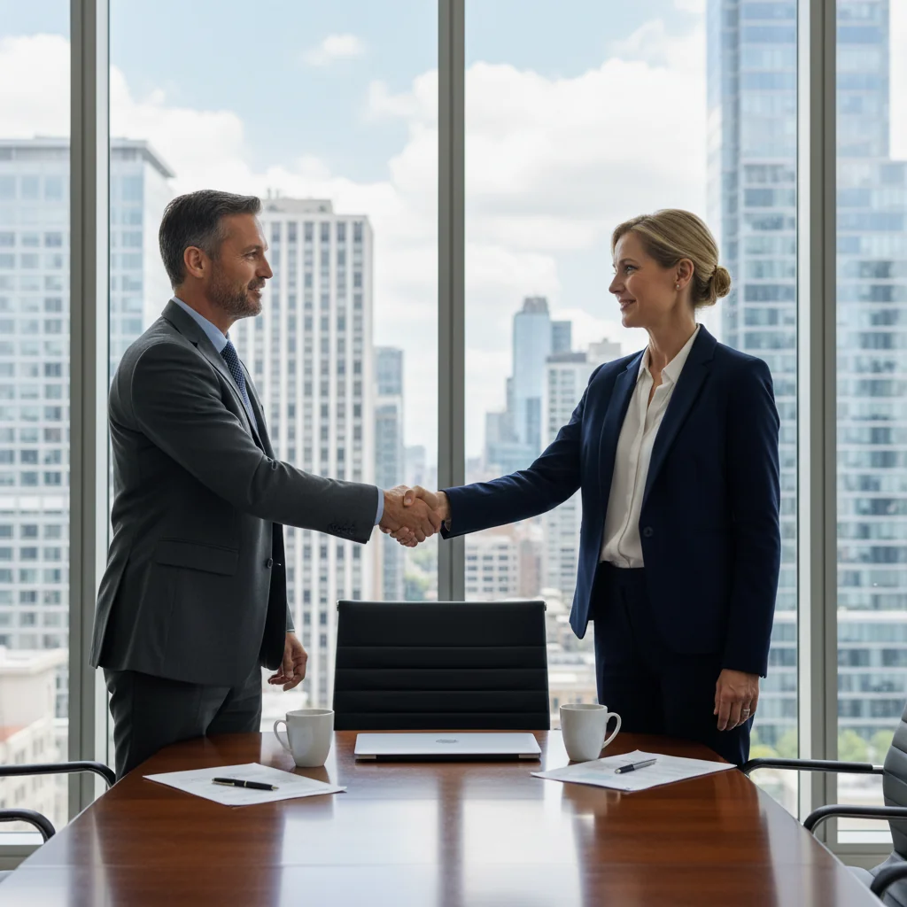 A photorealistic image of two professional adults in a modern office setting, shaking hands across a conference table to symbolize successful resolution of a service contract dispute, with subtle elements like a laptop and coffee cups on the table representing business negotiation, no legal documents visible, conveying trust and agreement.