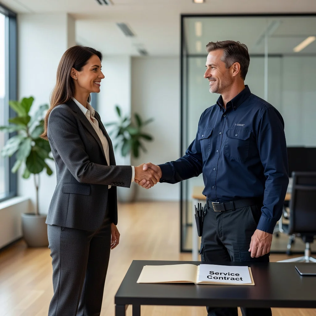 A professional handshake between two adults in a modern office setting, symbolizing agreement and mutual obligations in service contracts, with subtle background elements like a service contract folder on a desk, photorealistic style.