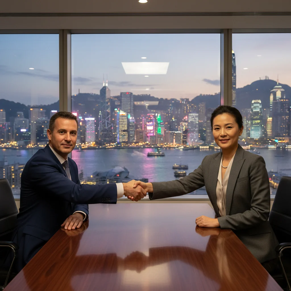 A photorealistic image of two professional adults, a business consultant and a client, shaking hands across a modern conference table in a sleek Hong Kong office with city skyline view in the background, symbolizing the agreement and trust in a service contract, no children present.
