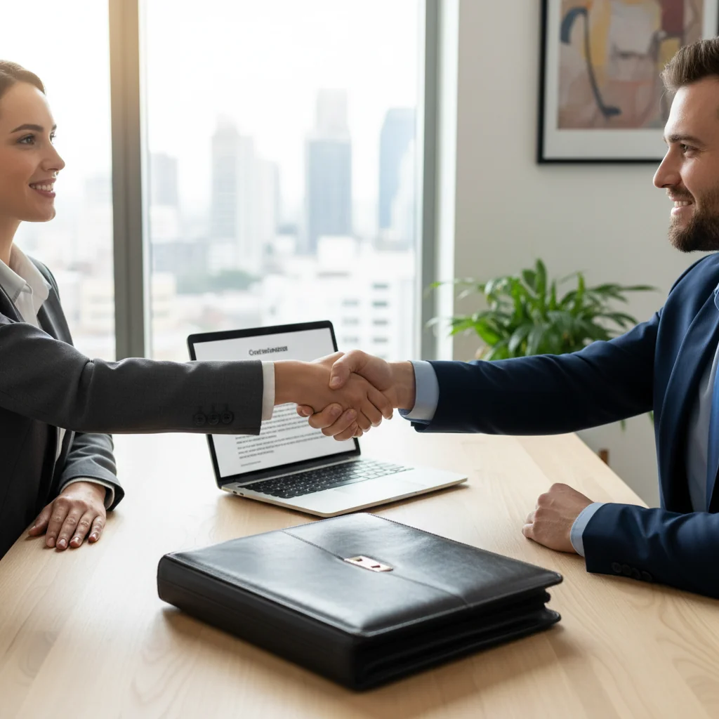 A professional business meeting between a service provider and a client, shaking hands over a table in a modern office, symbolizing the agreement for service provision. The scene conveys trust, partnership, and professionalism, with adults only, no children present.