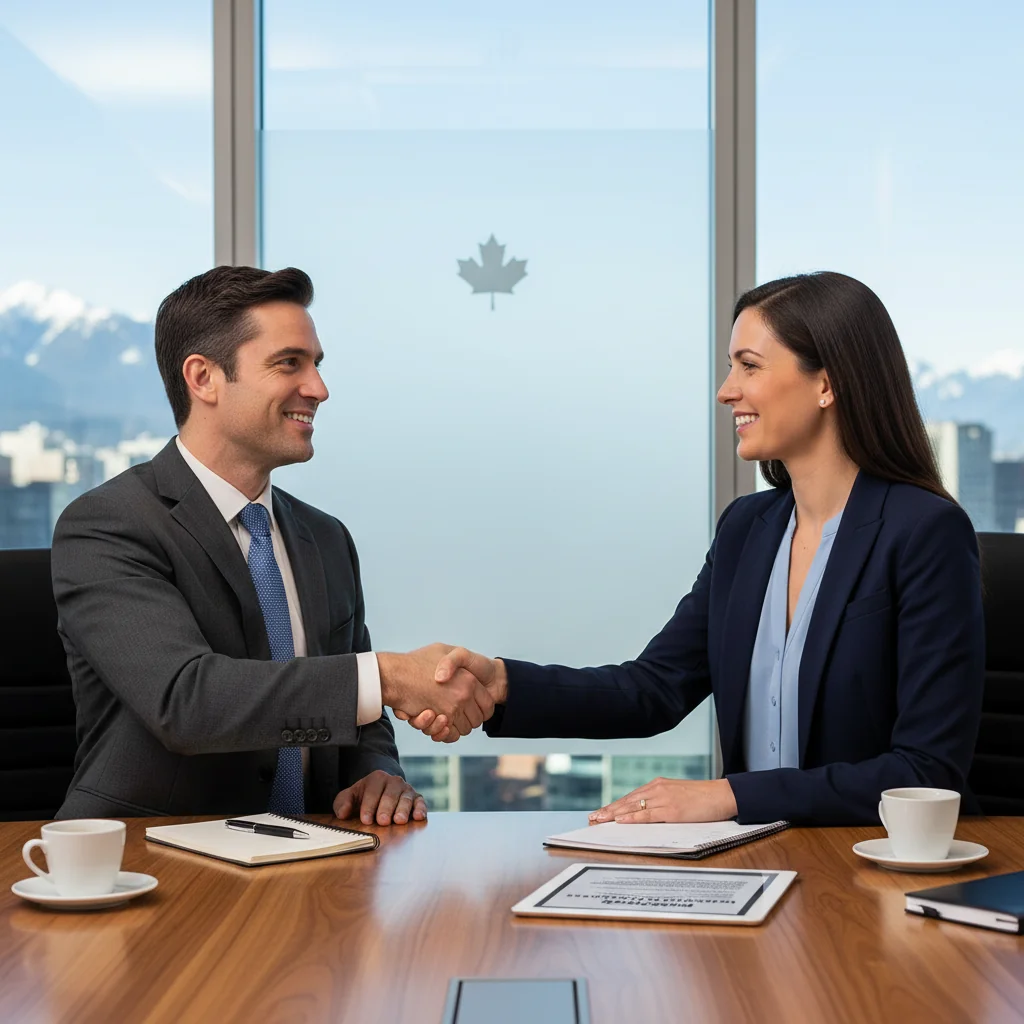 A photorealistic image of two professional adults in a modern Canadian business office, shaking hands across a conference table to symbolize a compliant service agreement. The scene includes subtle Canadian elements like a maple leaf on a flag in the background, with natural daylight illuminating the room. No children are present.