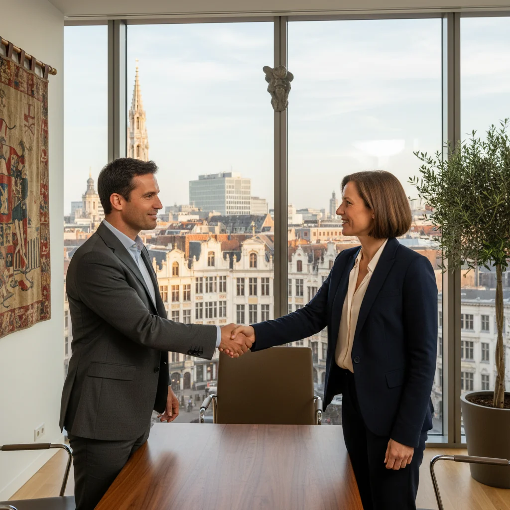 A photorealistic image depicting a professional business meeting between two adults in a modern Belgian office setting, symbolizing the agreement and collaboration involved in a service contract, with Belgian flag elements subtly in the background. No children are present in the image.