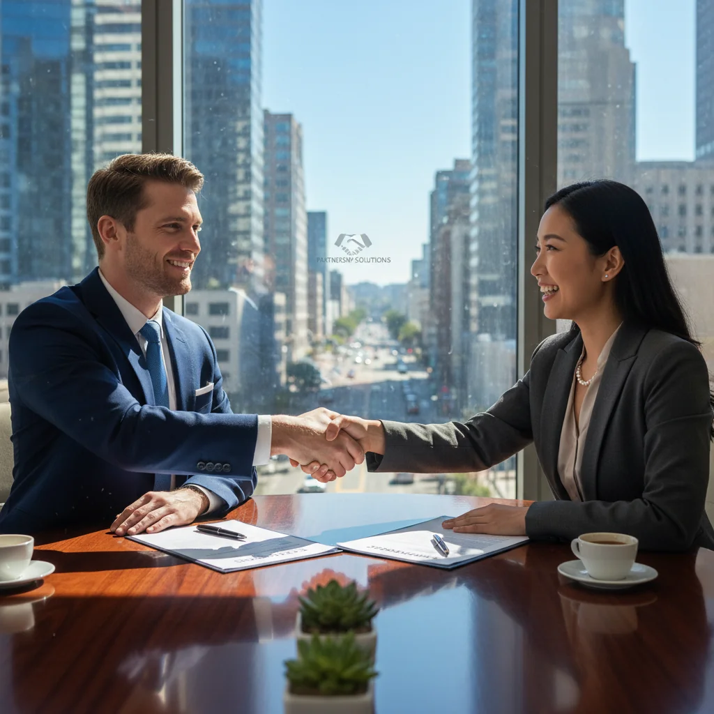 A professional scene depicting a business meeting where a service provider and client are shaking hands over a table, symbolizing the agreement and benefits of a service contract. The setting is a modern office with adults only, no children present.