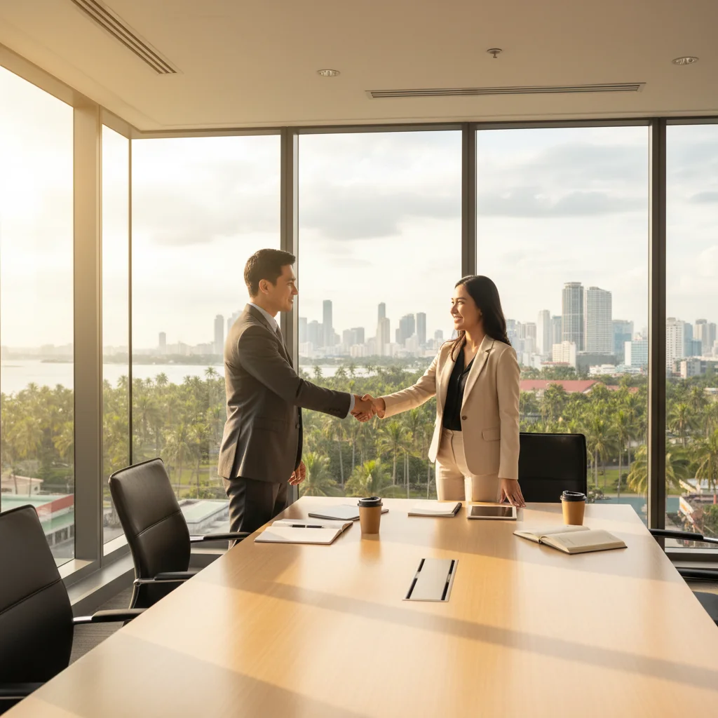 A photorealistic image of two professionals in a modern Philippine office setting, shaking hands over a conference table to symbolize a successful service agreement, with subtle Philippine elements like a flag or tropical plants in the background, conveying trust and partnership without showing any legal documents or children.