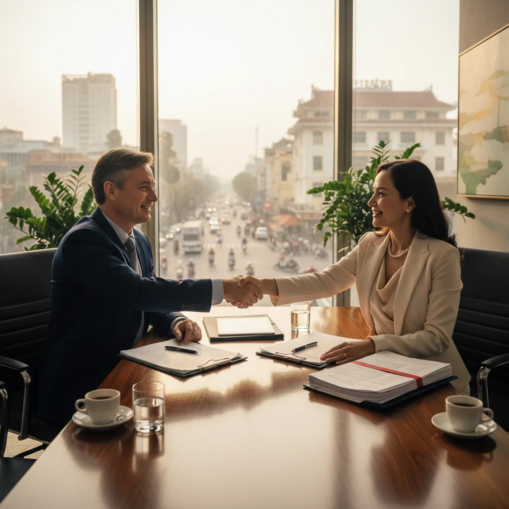 A photorealistic image of two professional adults in a modern Vietnamese office setting, shaking hands over a table to symbolize the agreement and signing of a service contract, with subtle Vietnamese cultural elements like a cityscape view of Hanoi in the background, conveying trust and legality in business services.