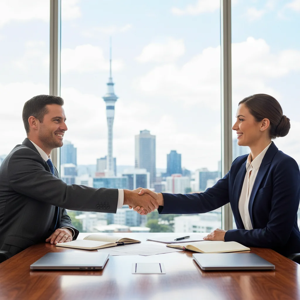 A photorealistic image depicting a professional business meeting between two adults in a modern New Zealand office setting, symbolizing trust and agreement in service contracts, with elements like a handshake and city skyline view through the window.